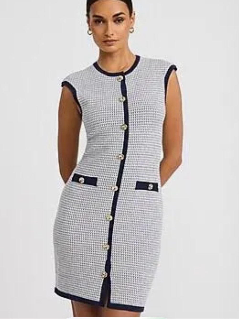 Express White Mini Sweater Dress with Navy Trim